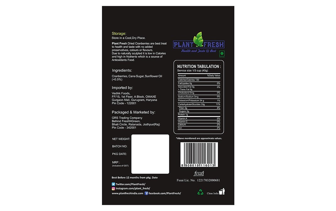 Plant Fresh Dried Cranberries    Pack  200 grams